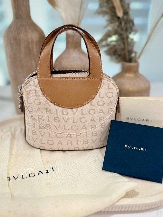 BVLGARI Handbags - Bvlgari Logomania Mini Tote Bag - Beige Canvas & Tan Leather - Authentic BULGARI